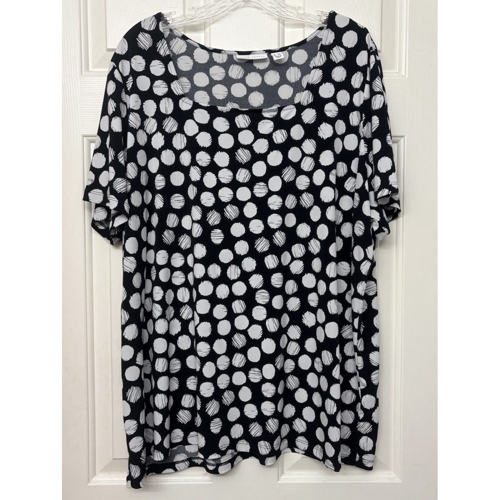 Susan Graver Women's Plus 2X Black White Polka Dot Knit Round Neck Ruffle Sleeve